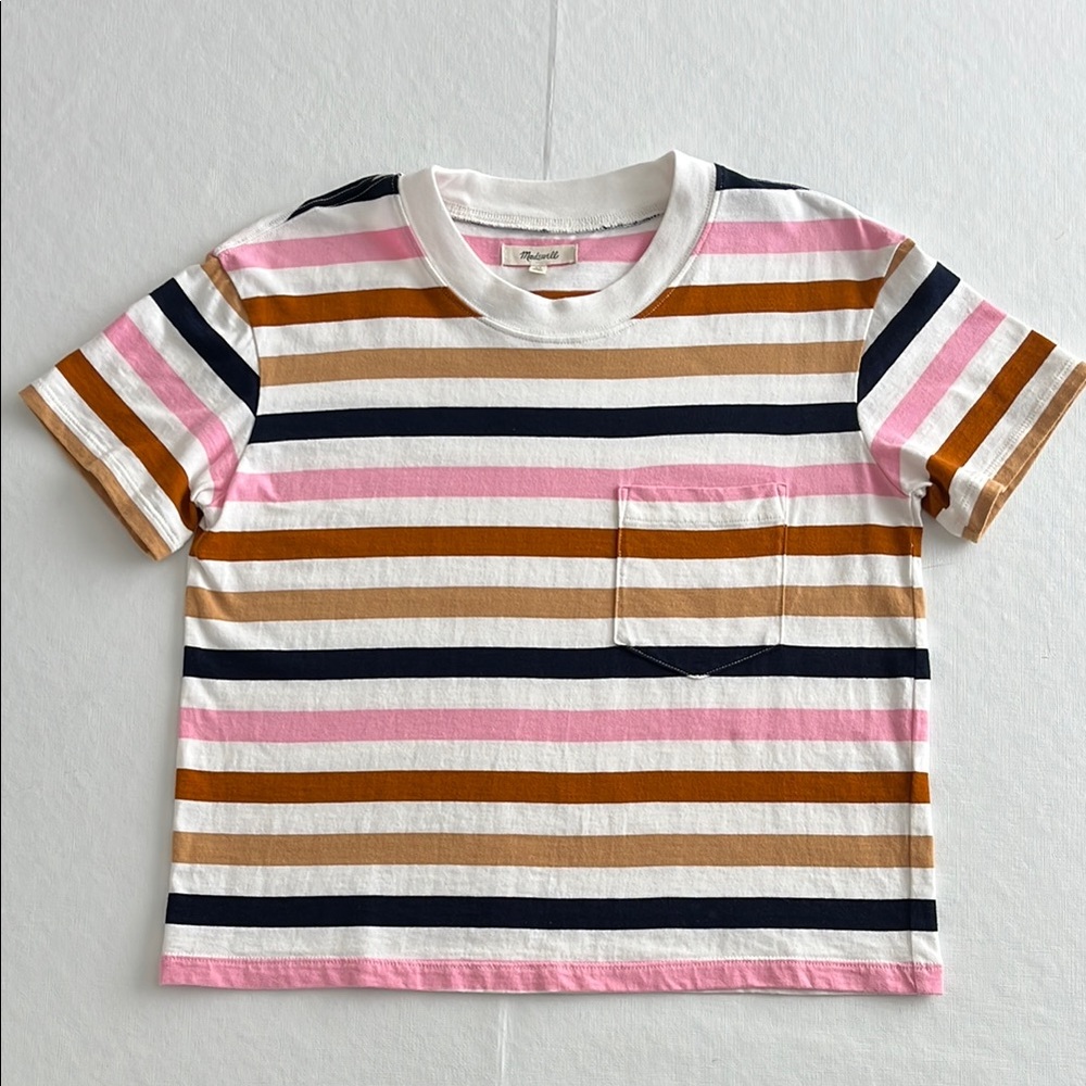 Madewell Pink, Brown, and Navy Blue Striped 
Shirt. Size XS